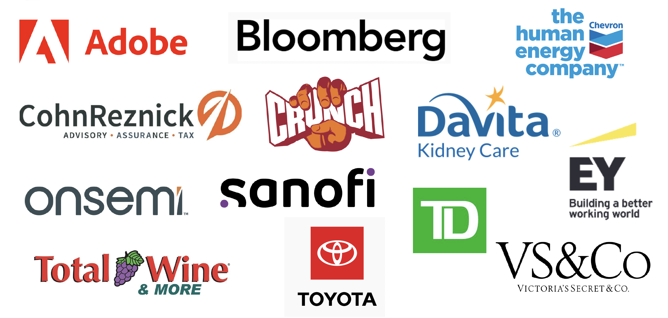 Chair's Career Partners: Adobe, Bloomberg, Chevron, CohnReznick, Crunch, DaVita Kidney Care, ONSEMI, SANOFI, TD, EY, Total Wine & More, Toyota, Victoria's Secret & Co.